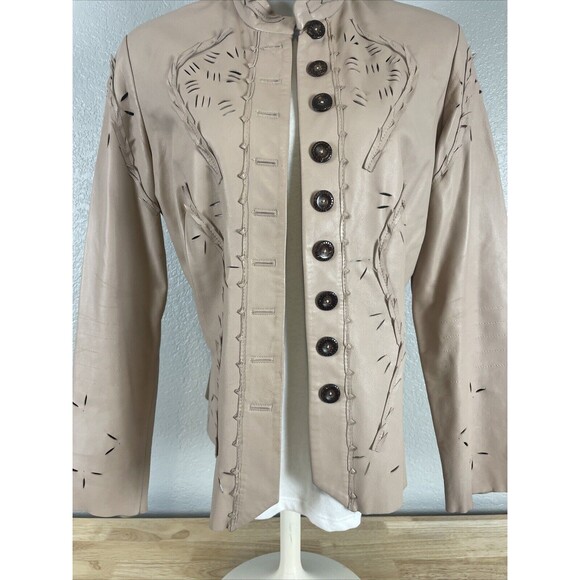 AK ANNE KLEIN Tan Cutaway Leather Jacket Blazer Button Stand Up Collar Sz M - Picture 4 of 10
